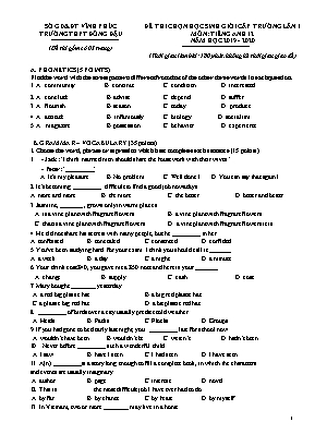 Đề thi chọn học sinh giỏi cấp trường lần 1 môn Tiếng Anh Lớp 12 - Năm học 2019-2020 - Trường THPT Đồng Đậu (Có đáp án)